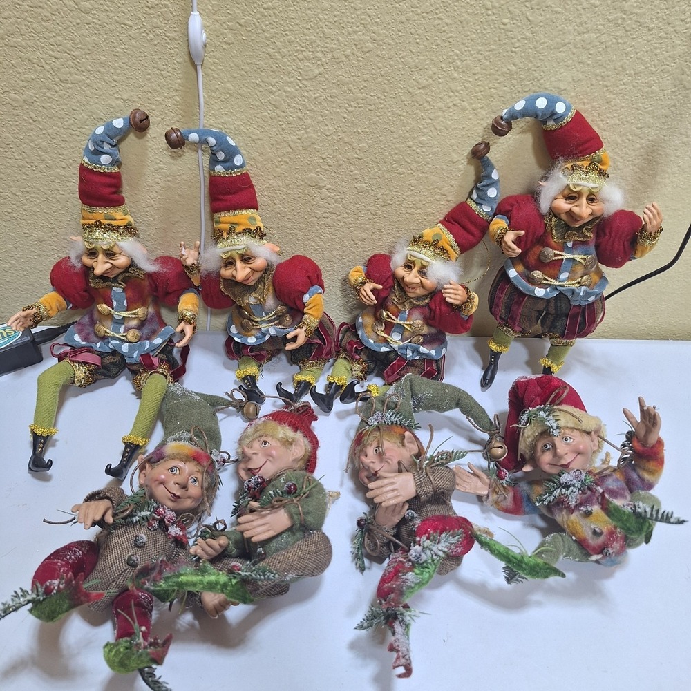 Vintage Mark Roberts Christmas Elves Lot Of 8 Poseable Holiday Figures Rare